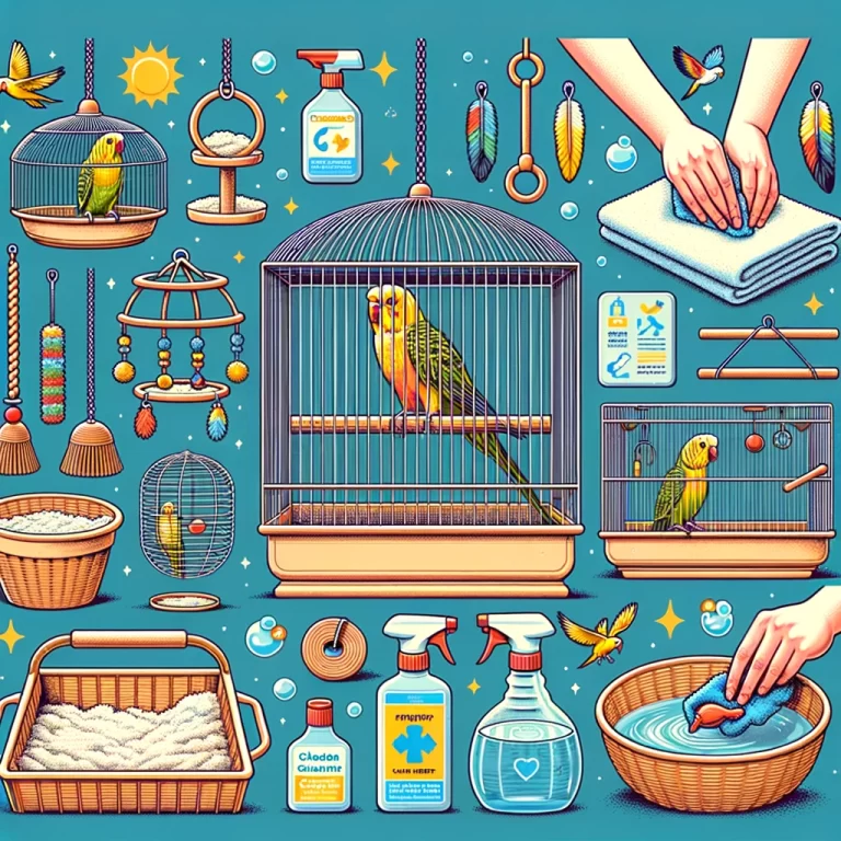 Parrot cleaning supplies and cage accessories illustration